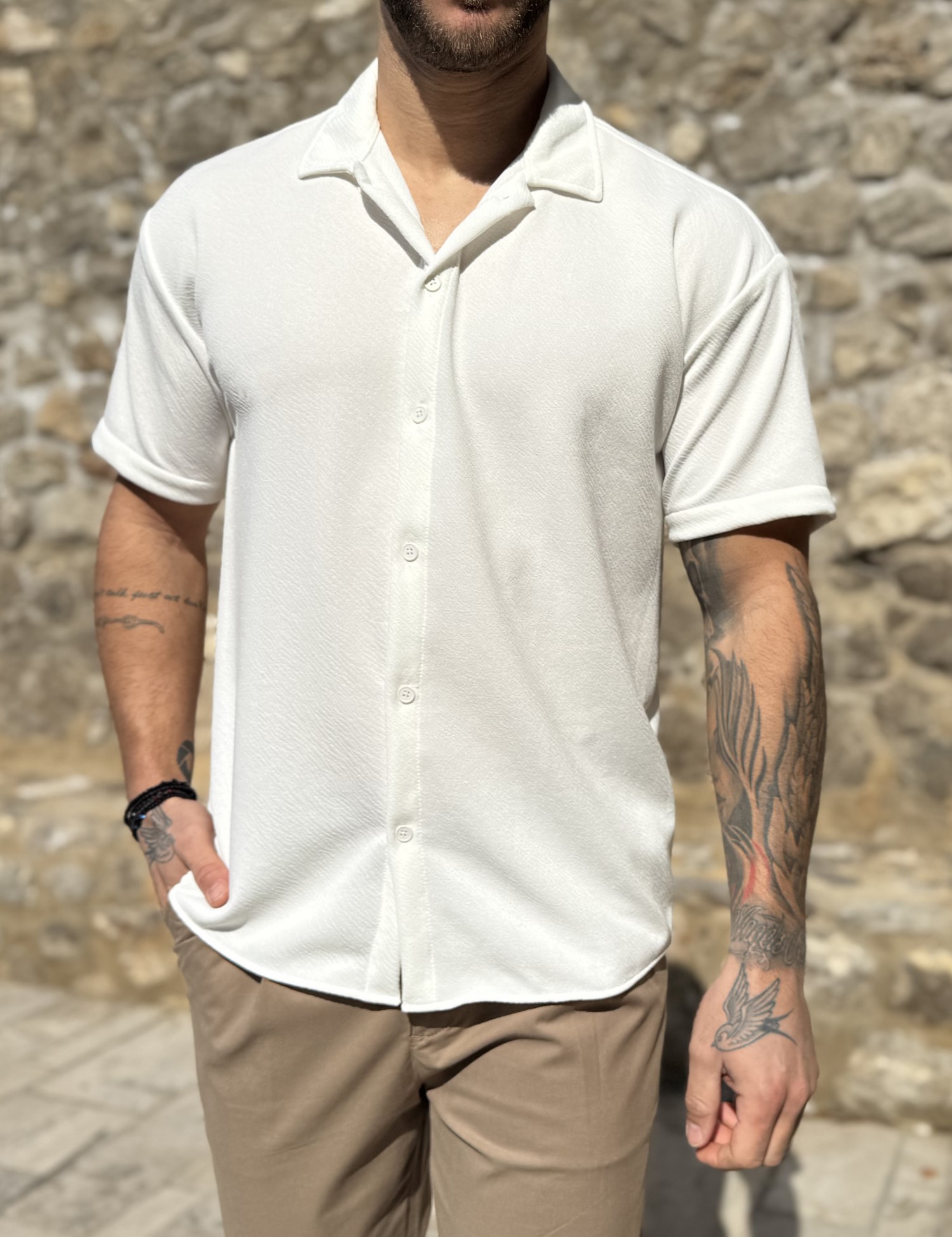 Ανδρικό γκοφρέ λευκό oversized κοντομάνικο πουκάμισο RMZ19138